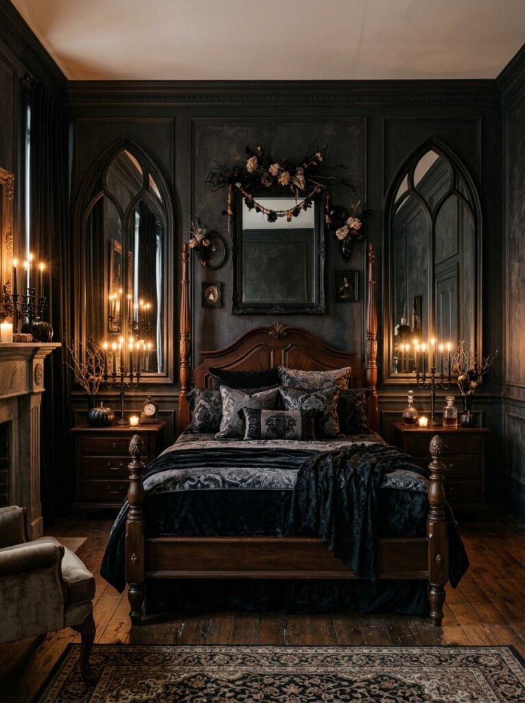 Gothic bedroom with tall arched mirrors and dark vintage decor