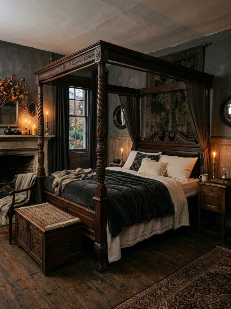 Gothic bedroom with a dark antique four-poster bed and vintage decor