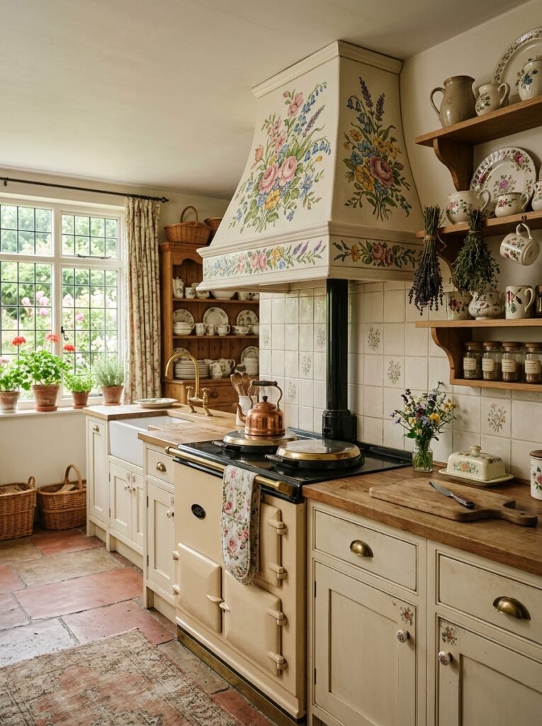 Hand-painted floral ceramic range hood