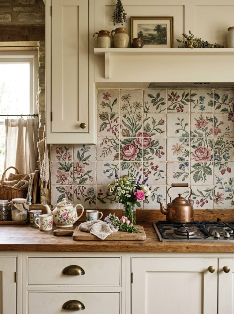 Muted cottage-floral backsplash inspired by vintage needlepoint