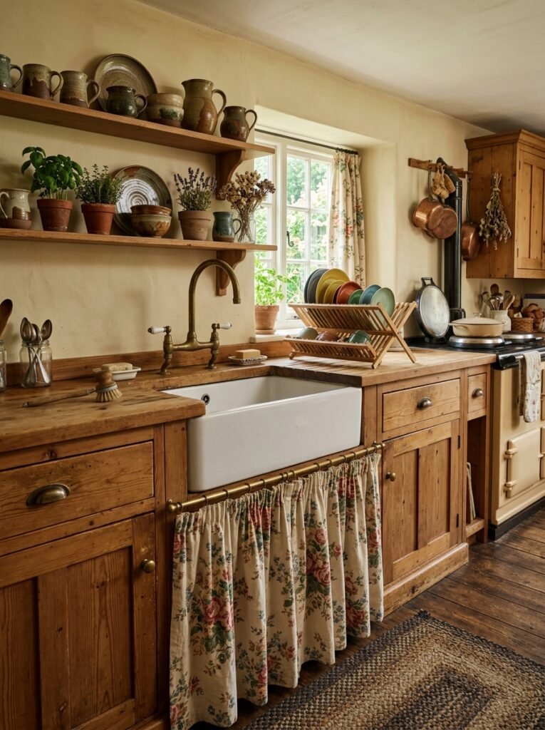 Antique pine cabinetry with a gathered fabric skirt beneath the sink