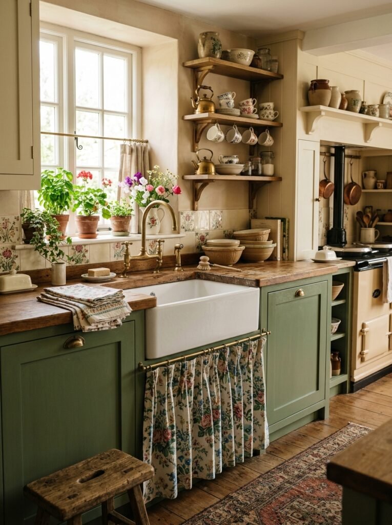Cream and moss-green cabinetry with a skirted farmhouse sink