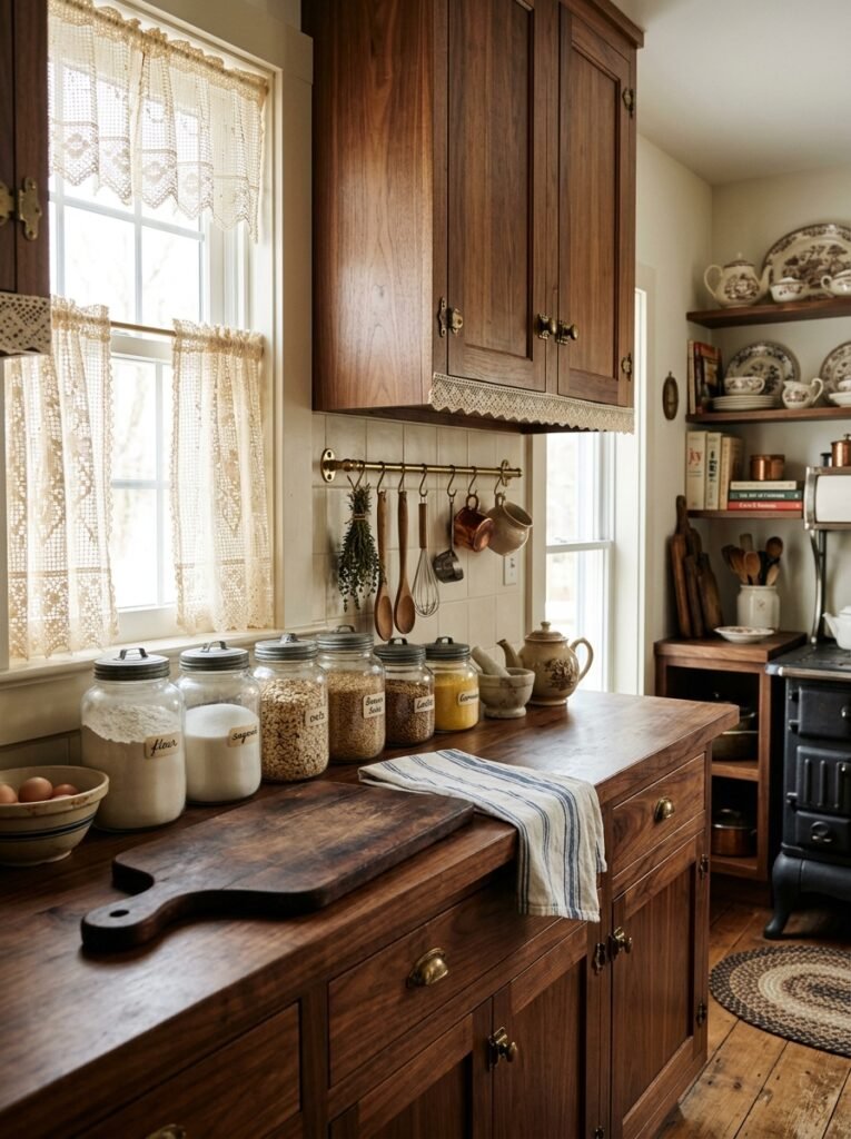 Warm walnut cabinetry with lace curtains, brass rails, and glass jars