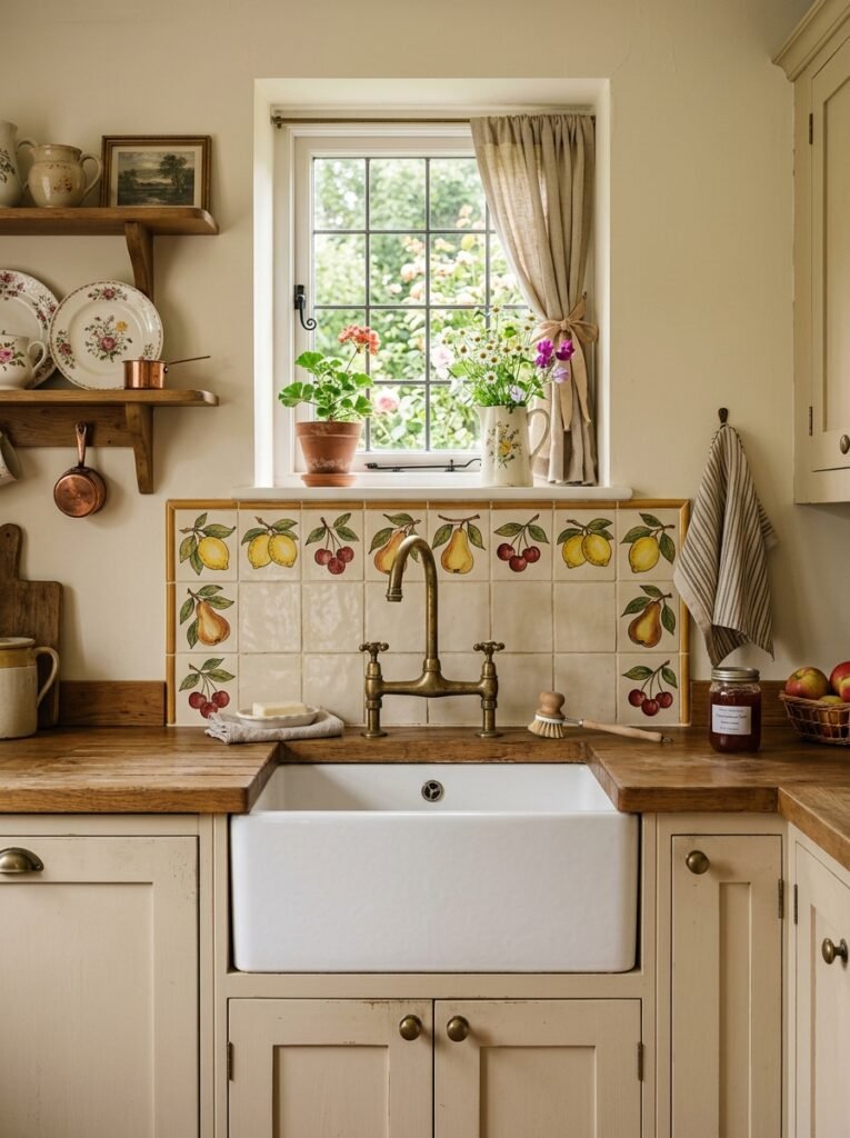 Hand-painted fruit motif tiles framing the sink wall