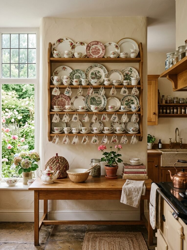 Open plate rack wall displaying mismatched heirloom china