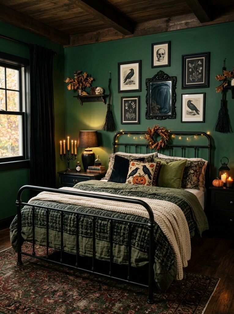 Moody forest green bedroom with black Halloween accents