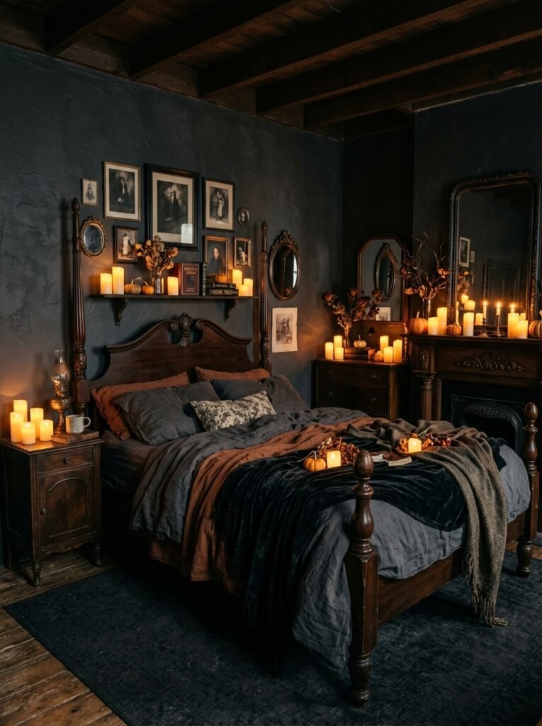 Halloween bedroom illuminated entirely by warm flameless candlelight