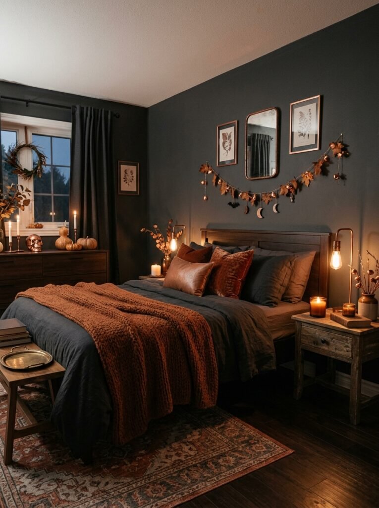 Charcoal Halloween bedroom with copper accents and rust-colored textiles