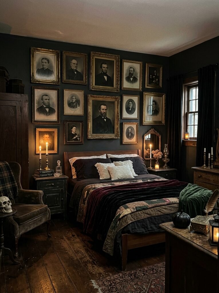 Moody Halloween bedroom with a gallery wall of antique portraits