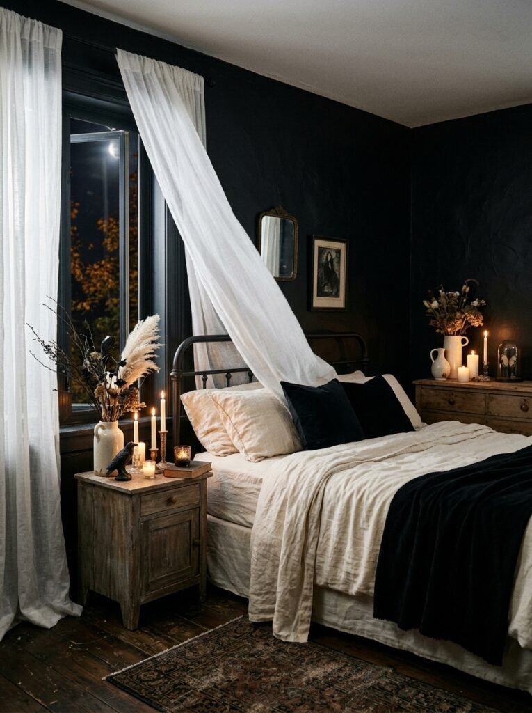 Black bedroom with white sheer curtains and ghostly pale bedding