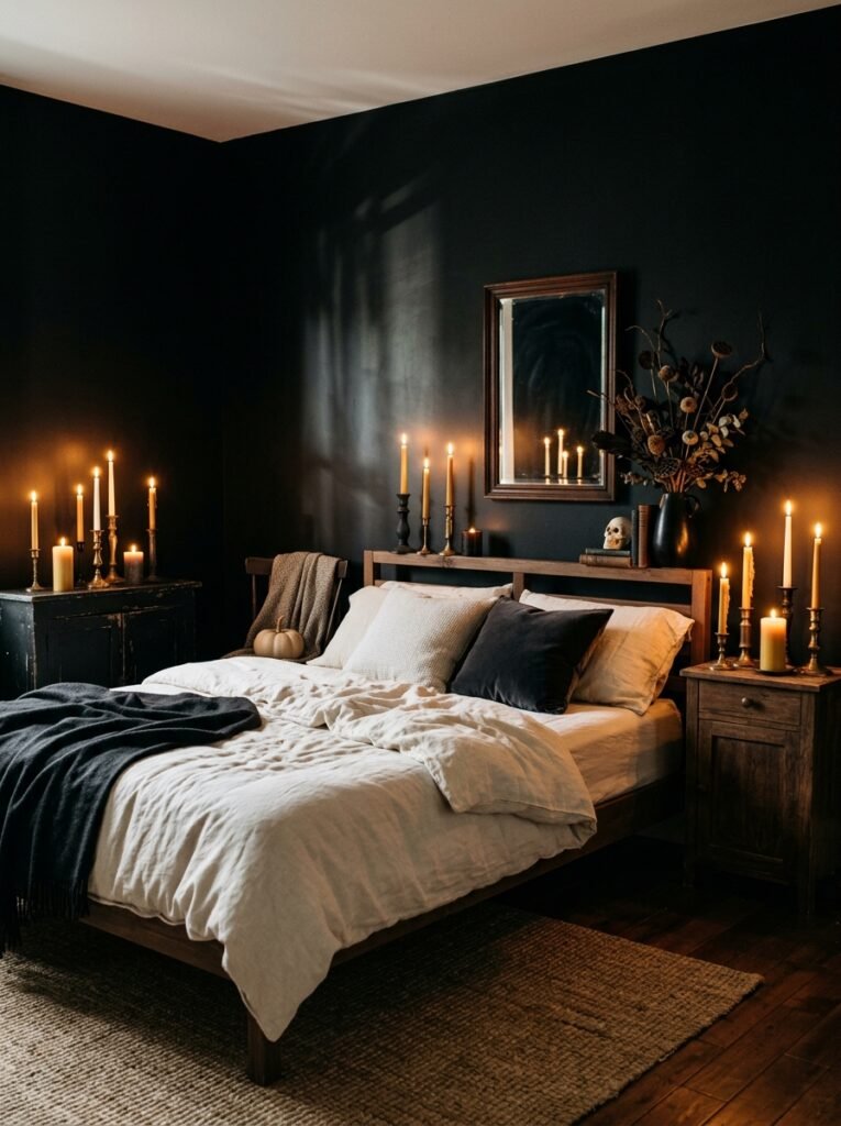 Black Halloween bedroom illuminated by warm candlelight with pale bedding