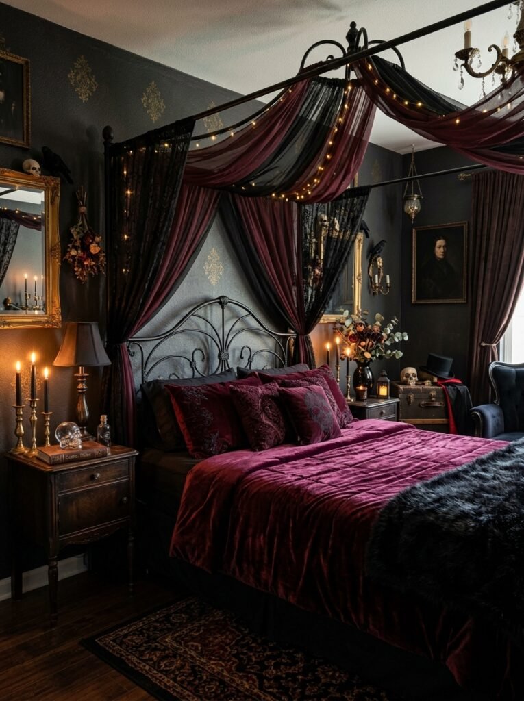 Black canopy bed with deep burgundy bedding in a gothic Halloween bedroom
