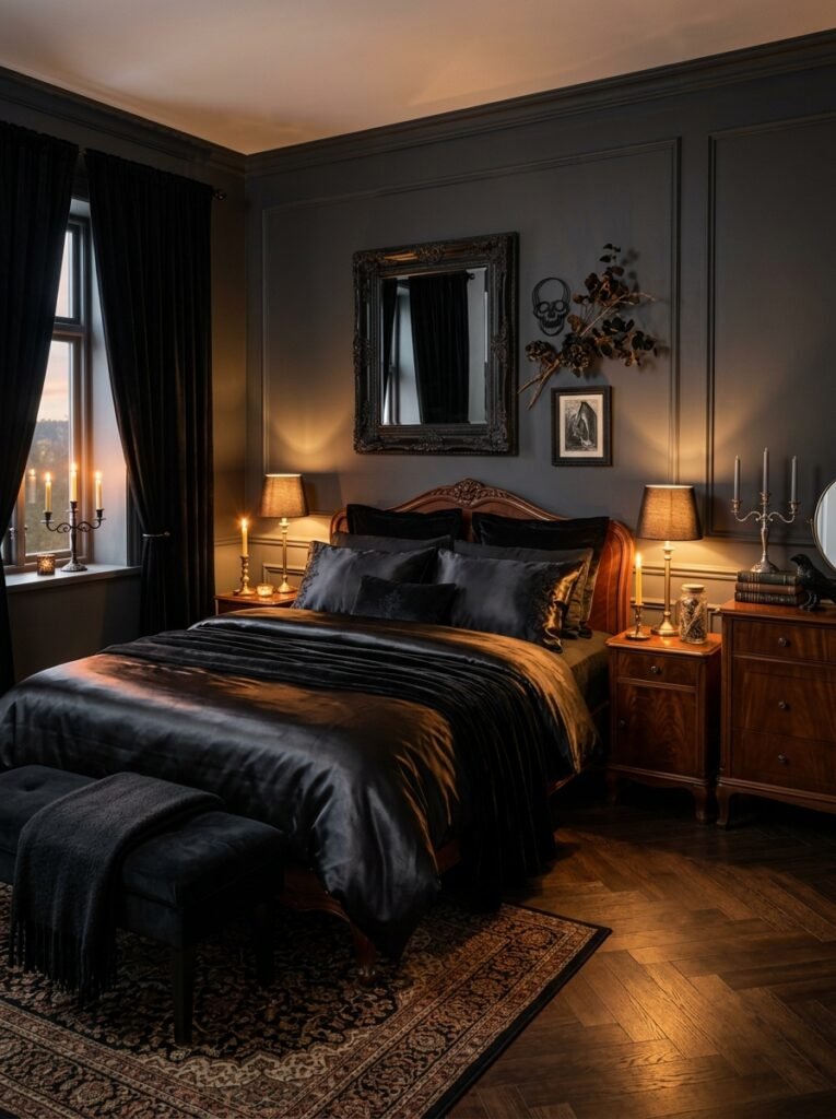 Elegant Halloween bedroom with glossy black satin bedding and candlelight