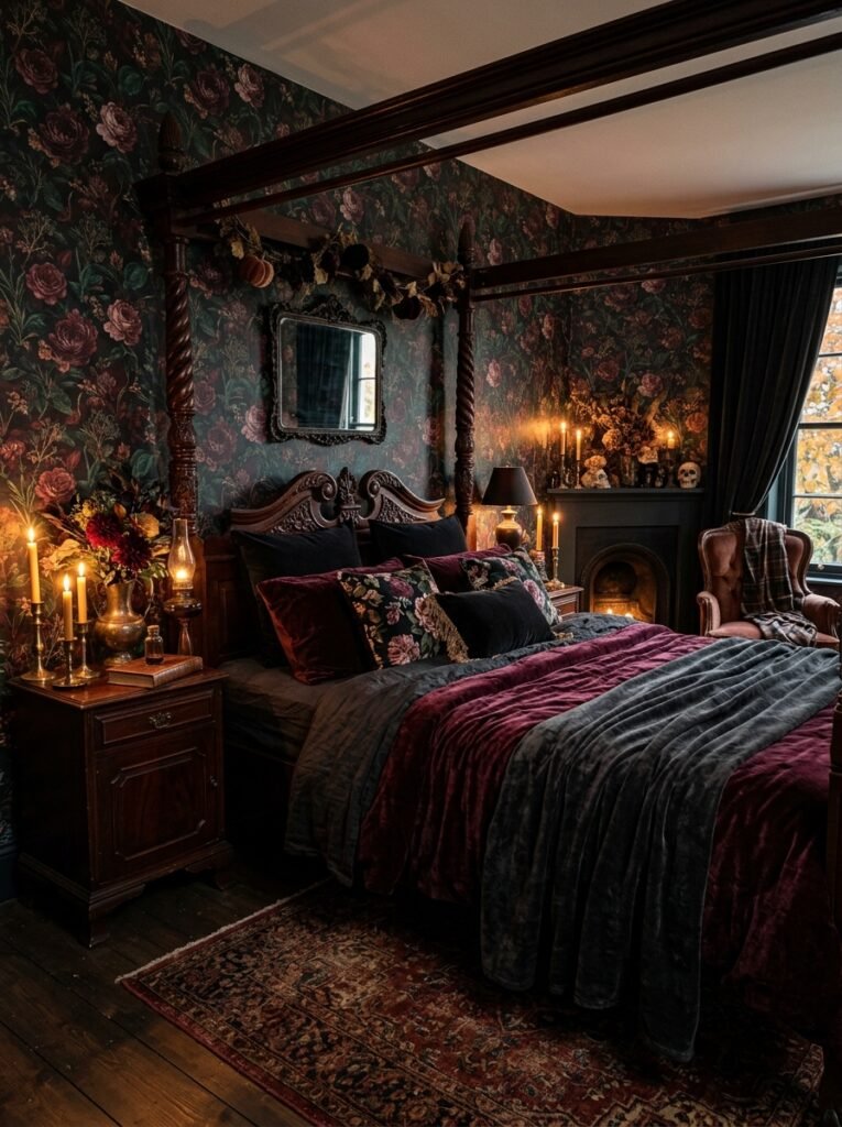 Gothic Halloween bedroom with dark floral wallpaper and velvet bedding