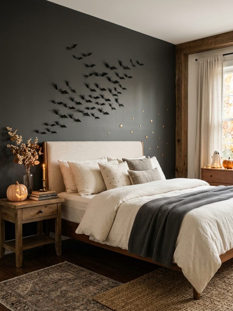 Whimsical Halloween bedroom with paper bats and brass stars above the bed
