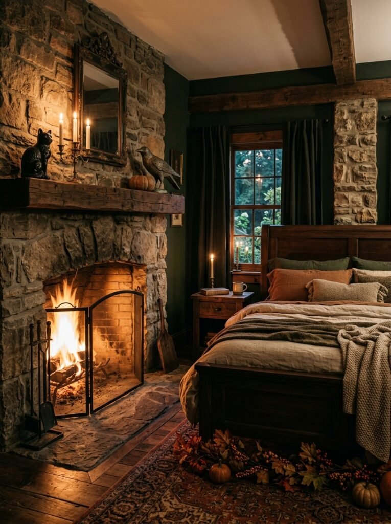 Maximalist Halloween bedroom with dark floral wallpaper, velvet, portraits, candles, and dried botanicals