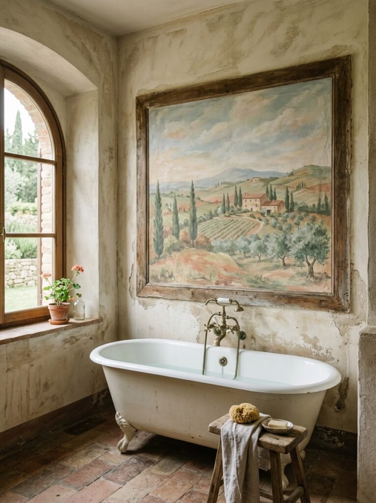 Hand-painted fresco panel above a Tuscan bathtub