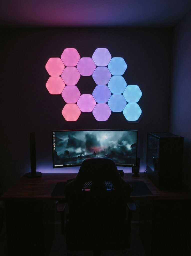 hexagon smart light panels above a gaming desk
