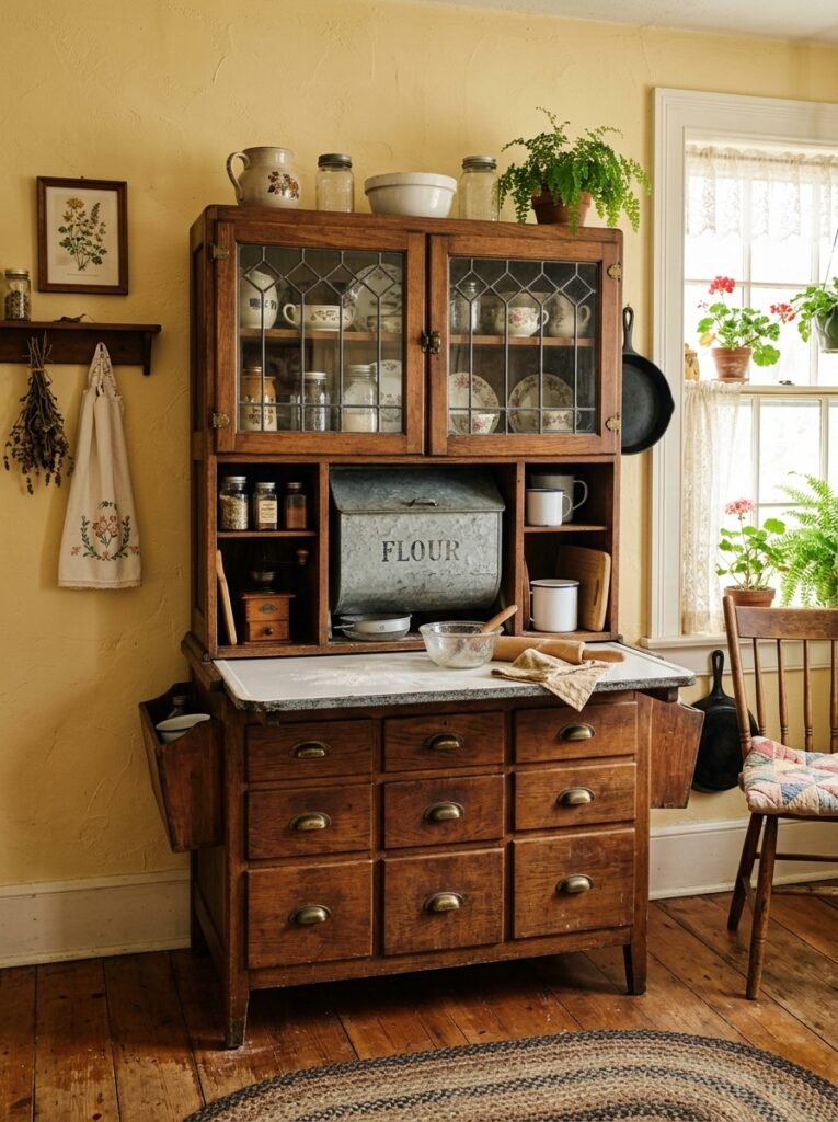 Freestanding antique Hoosier cabinet against a buttercream wall