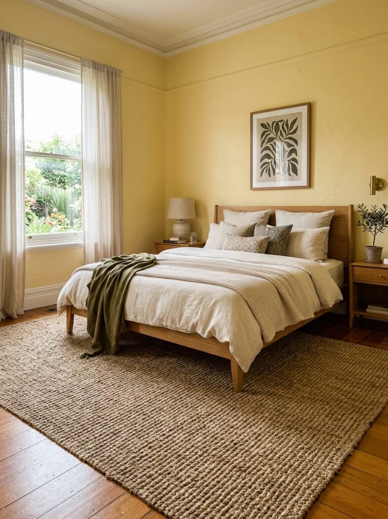 Jute area rug in a butter yellow bedroom