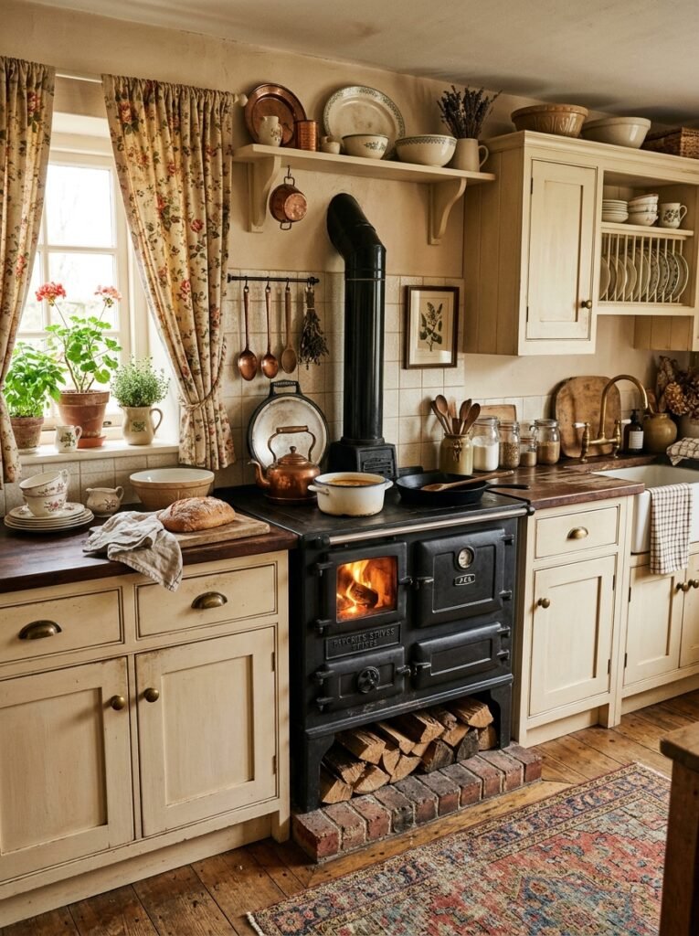 Restored antique stove surrounded by simple kitchen cabinetry