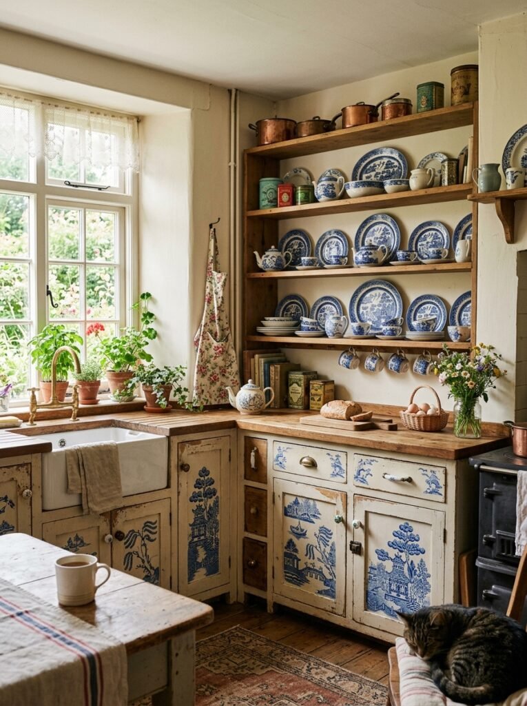 Blue willow cabinets with mismatched vintage hardware and heirloom china