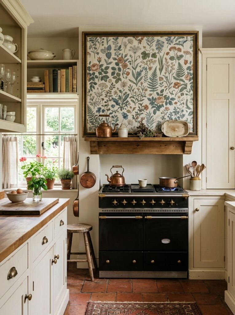 Framed botanical wallpaper panel behind an antique range