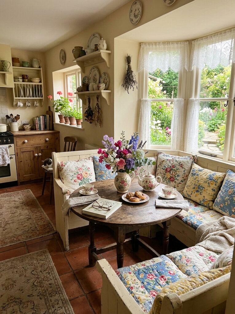Enclosed breakfast nook with built-in benches and quilted cushions