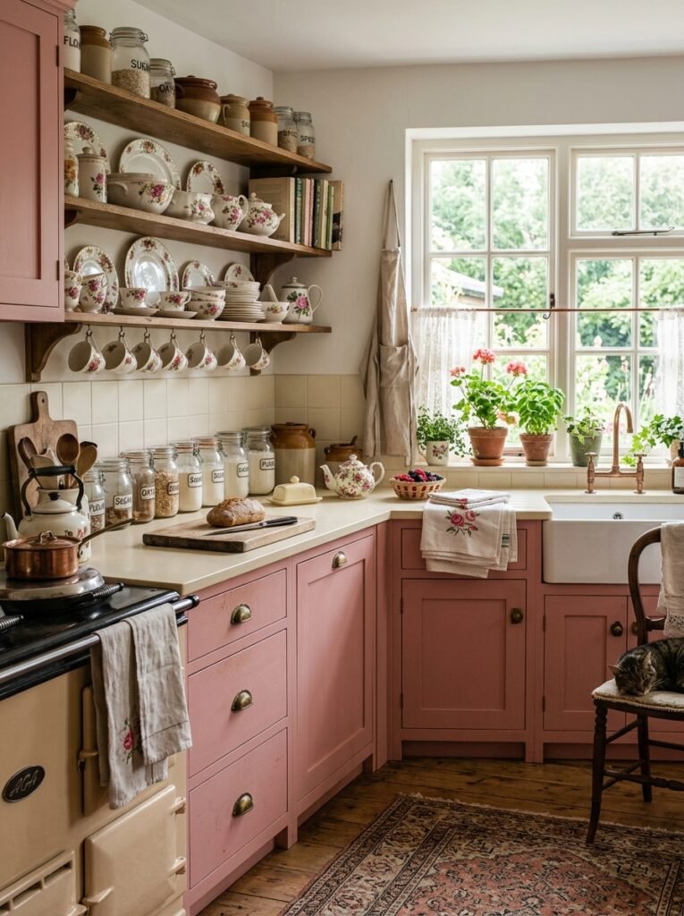 Dusty rose walls with tarnished brass hardware and floral ceramics