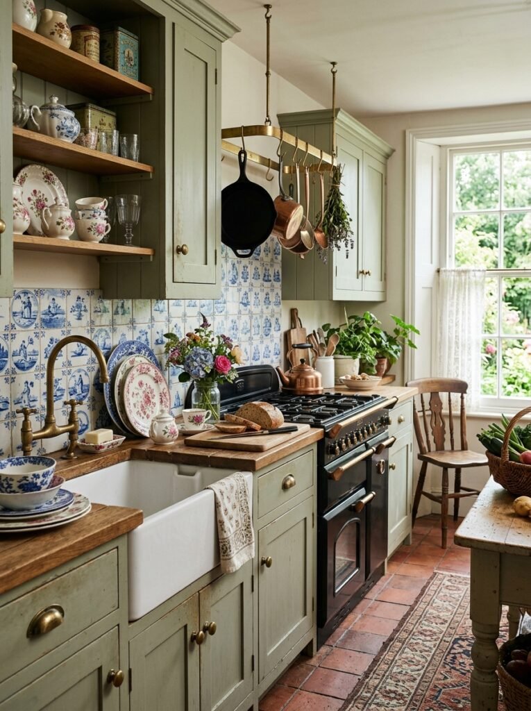 Sage-green cabinetry with blue-and-white Delft tile