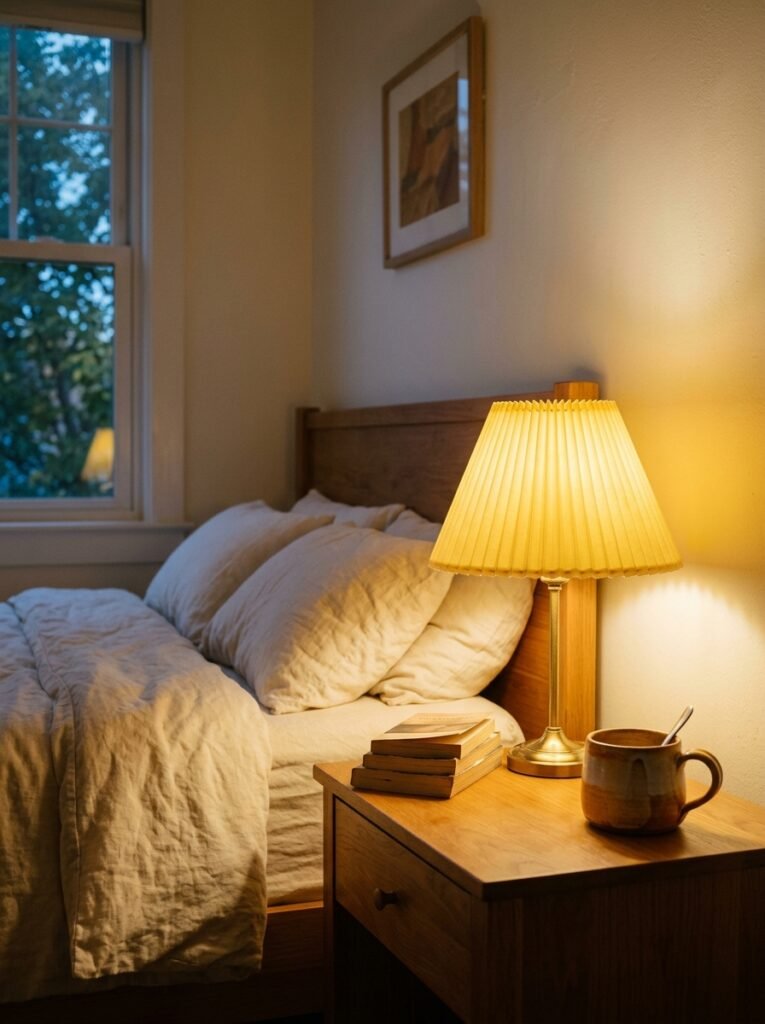 Pleated butter yellow lampshade glowing on a bedroom nightstand