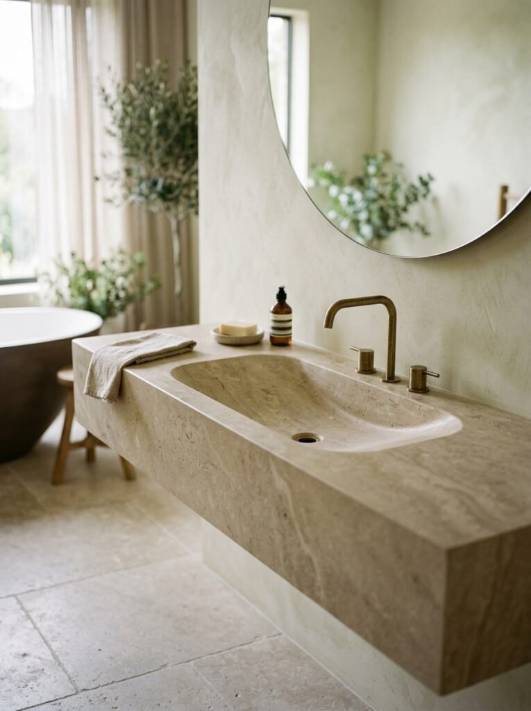 Limestone vanity carved from a single slab