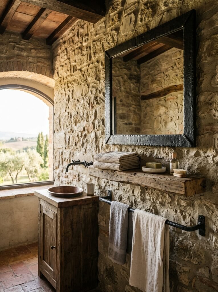 Limestone walls with hand-forged iron fixtures
