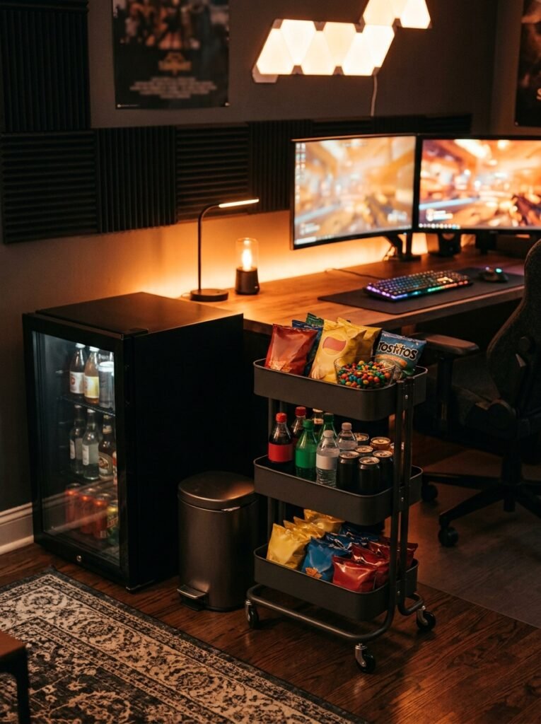 mini fridge and snack cart in a gaming room