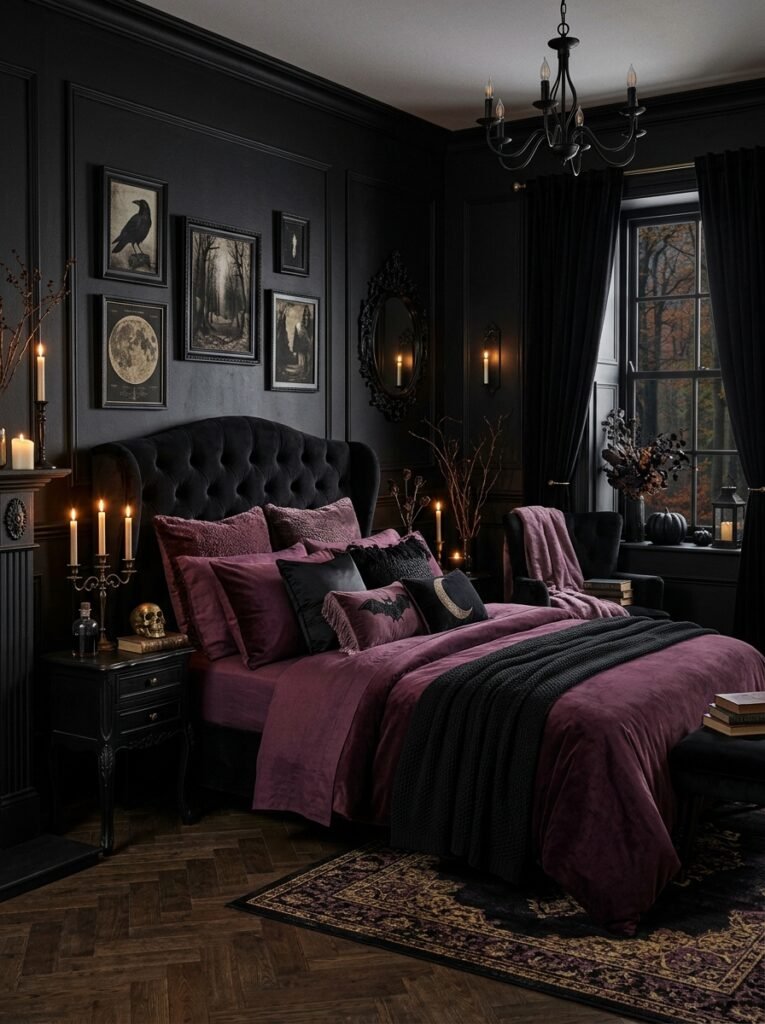 Black bedroom with deep plum bedding and gothic decor