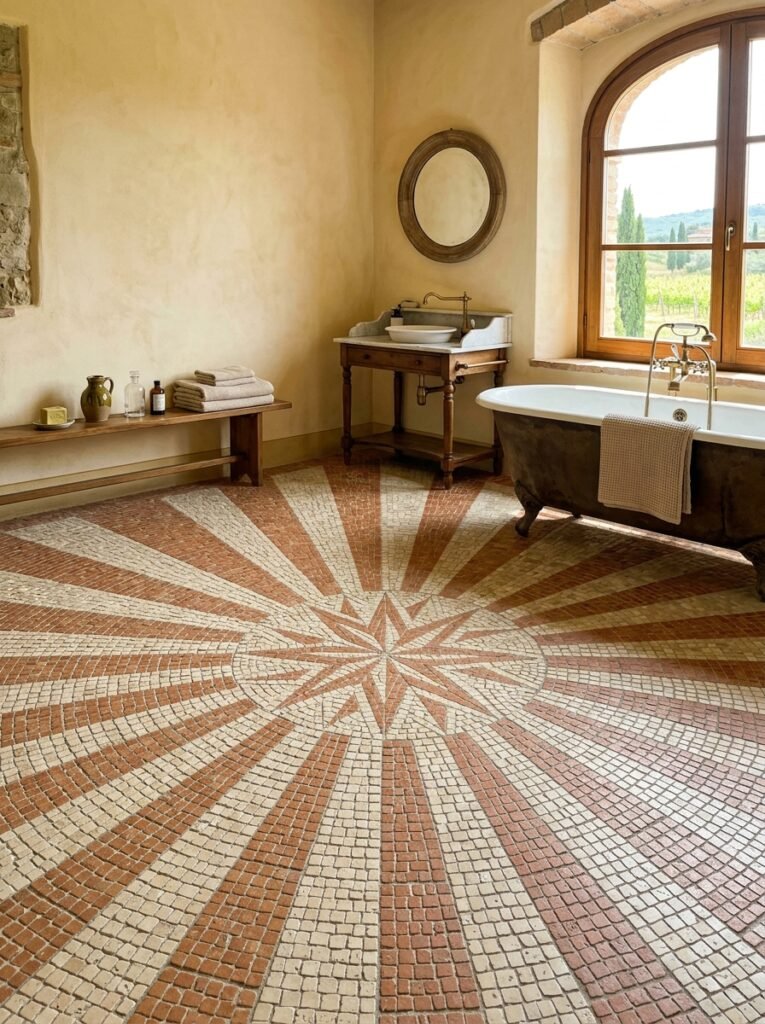 Terracotta sunburst mosaic bathroom floor