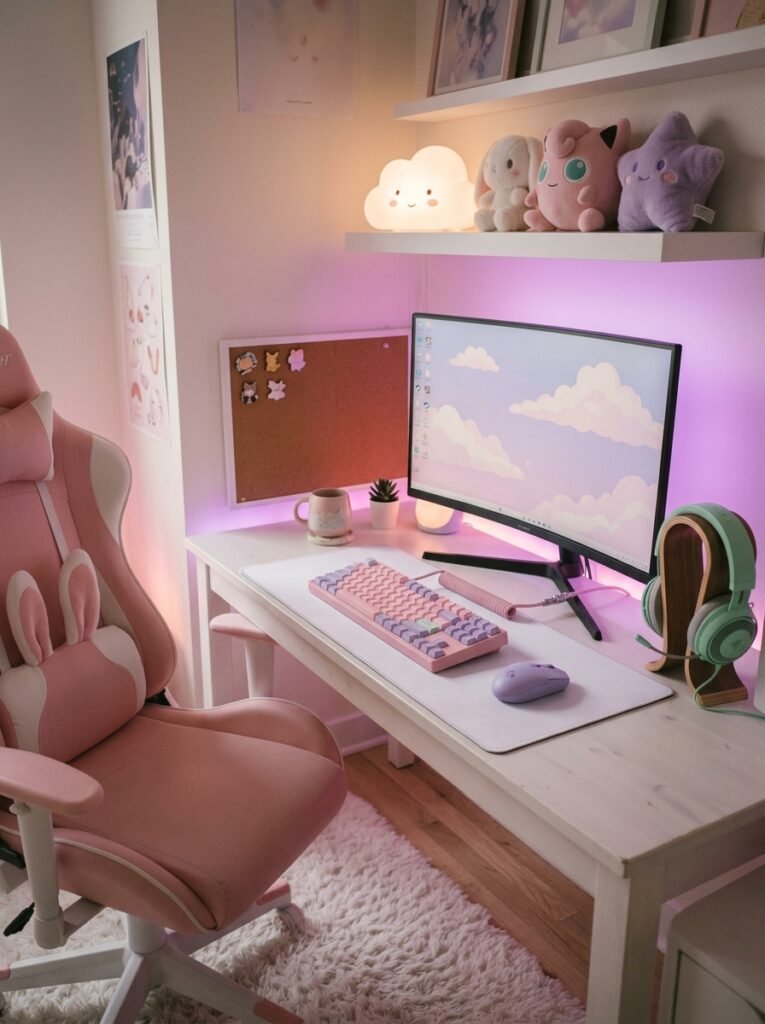 cute pastel gaming setup with pink keyboard and cloud lamp