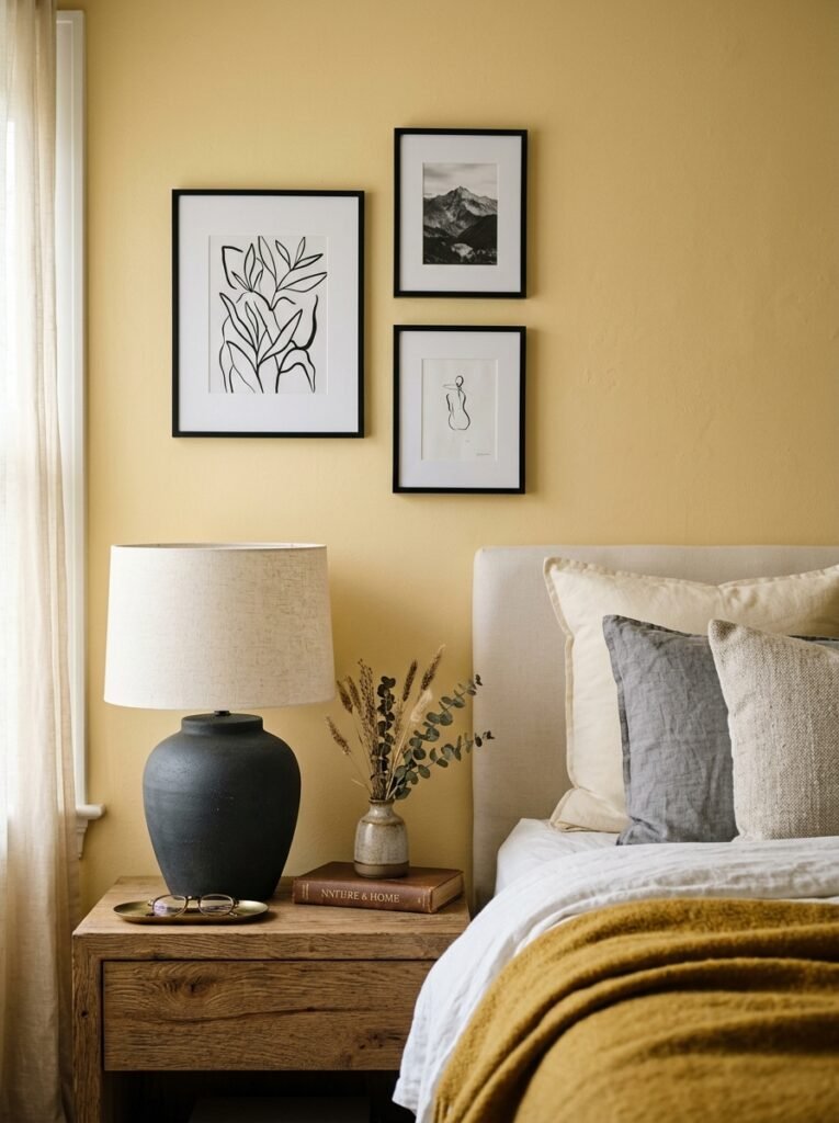 Charcoal accents grounding a butter yellow bedroom