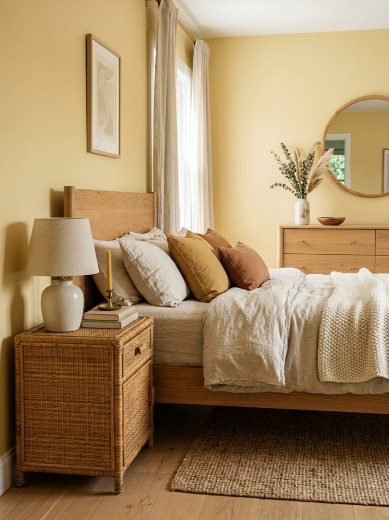 Rattan nightstand in a butter yellow bedroom