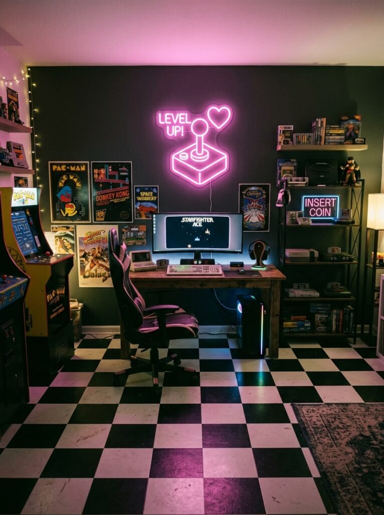 retro arcade gaming room with a checkered floor