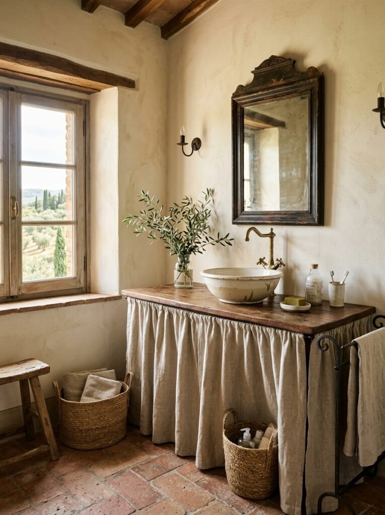 Bathroom vanity skirted in heavy unbleached linen