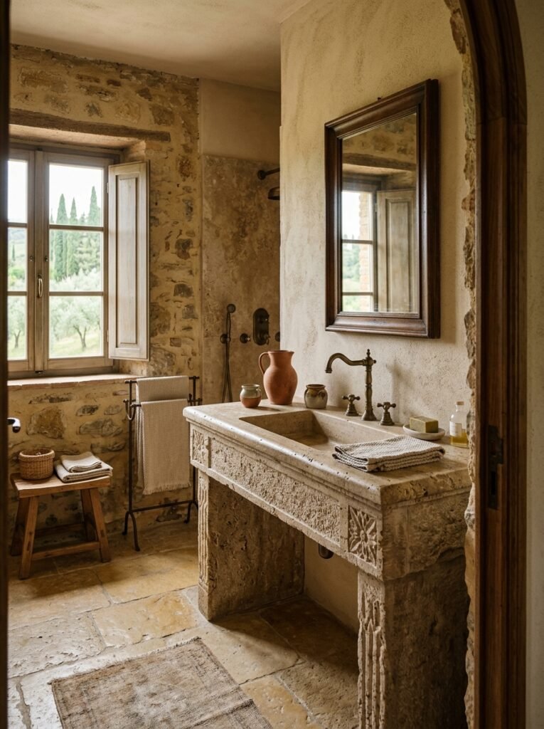 Travertine vanity set against an exposed old stone wall