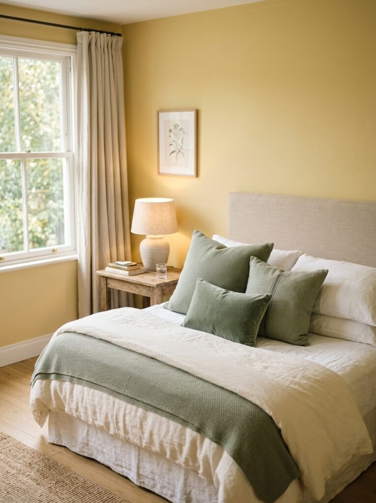 Sage green pillows in a butter yellow bedroom
