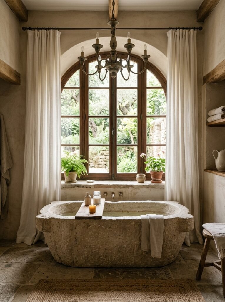 Stone tub beneath an arched window with chandelier
