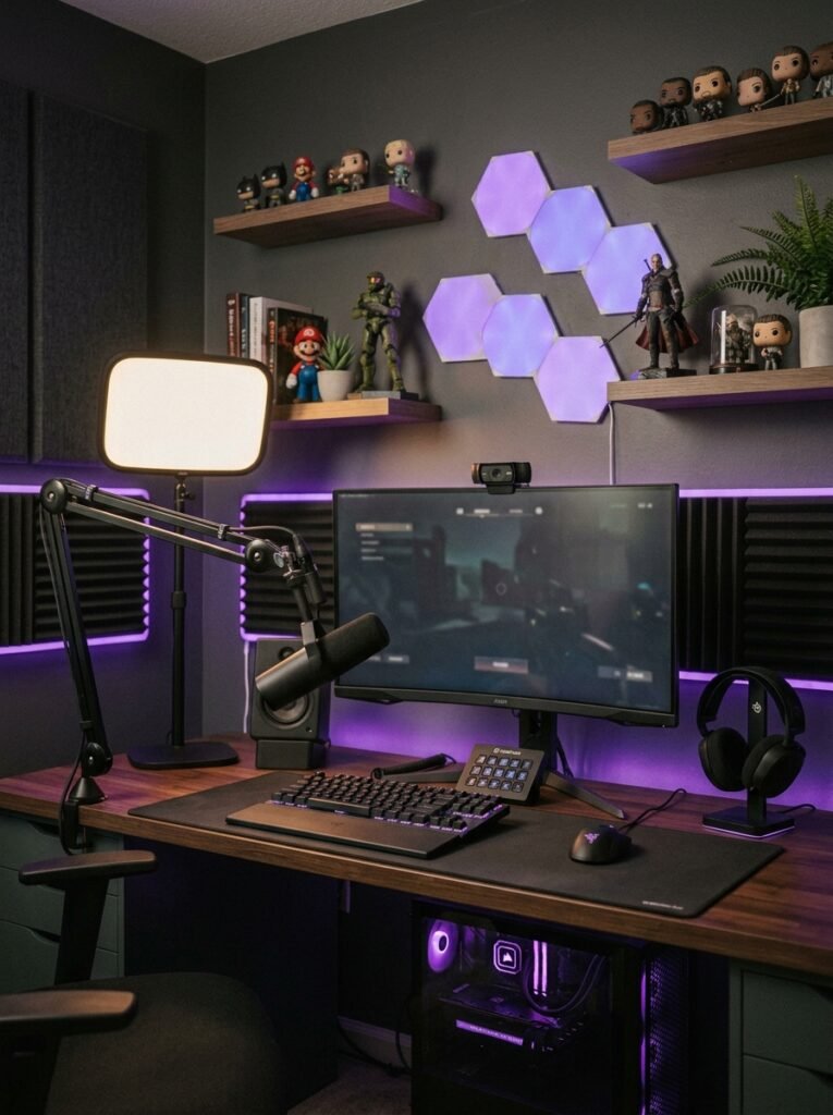 streaming corner with a microphone arm and key light