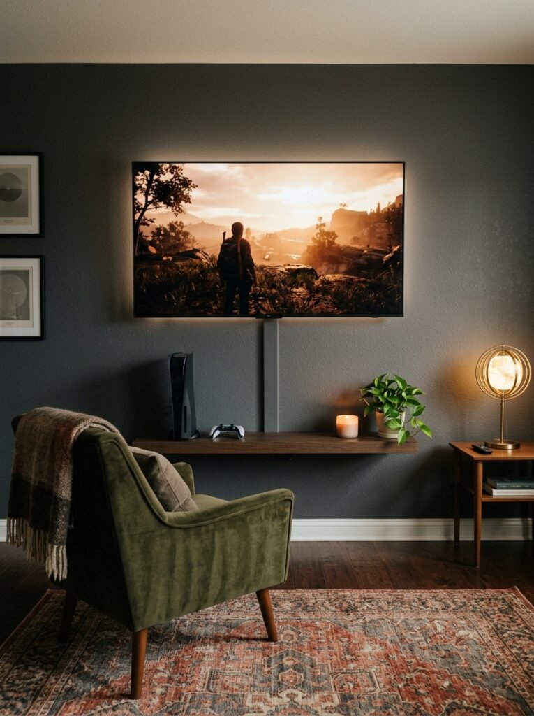 wall-mounted tv with hidden cables in a gaming room