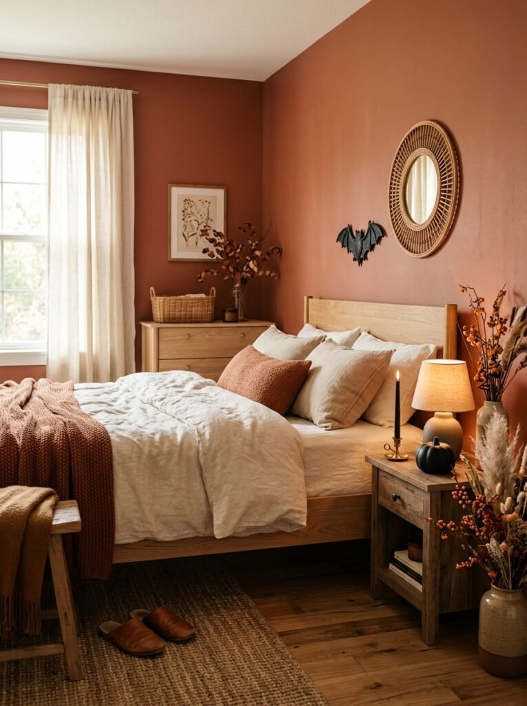 Warm terracotta bedroom with subtle black Halloween decorations