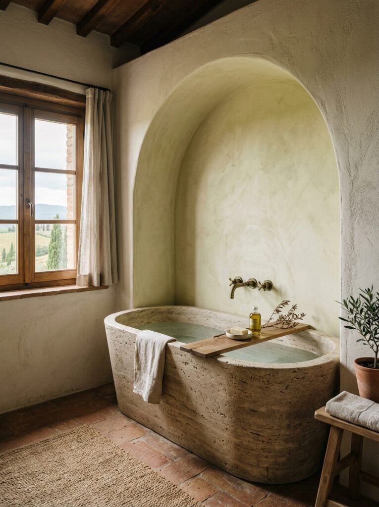 Travertine tub set into an arched plaster alcove