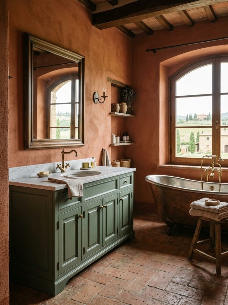 Cypress green vanity against terracotta walls