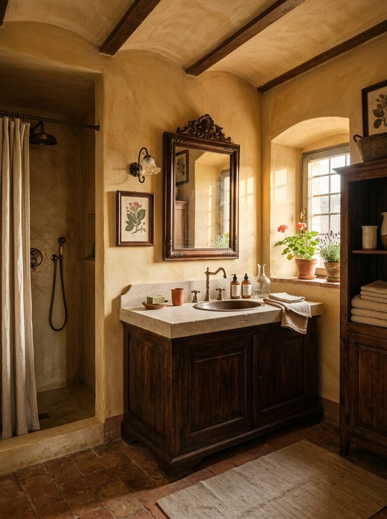 Dark wood bathroom furniture against warm ochre plaster walls